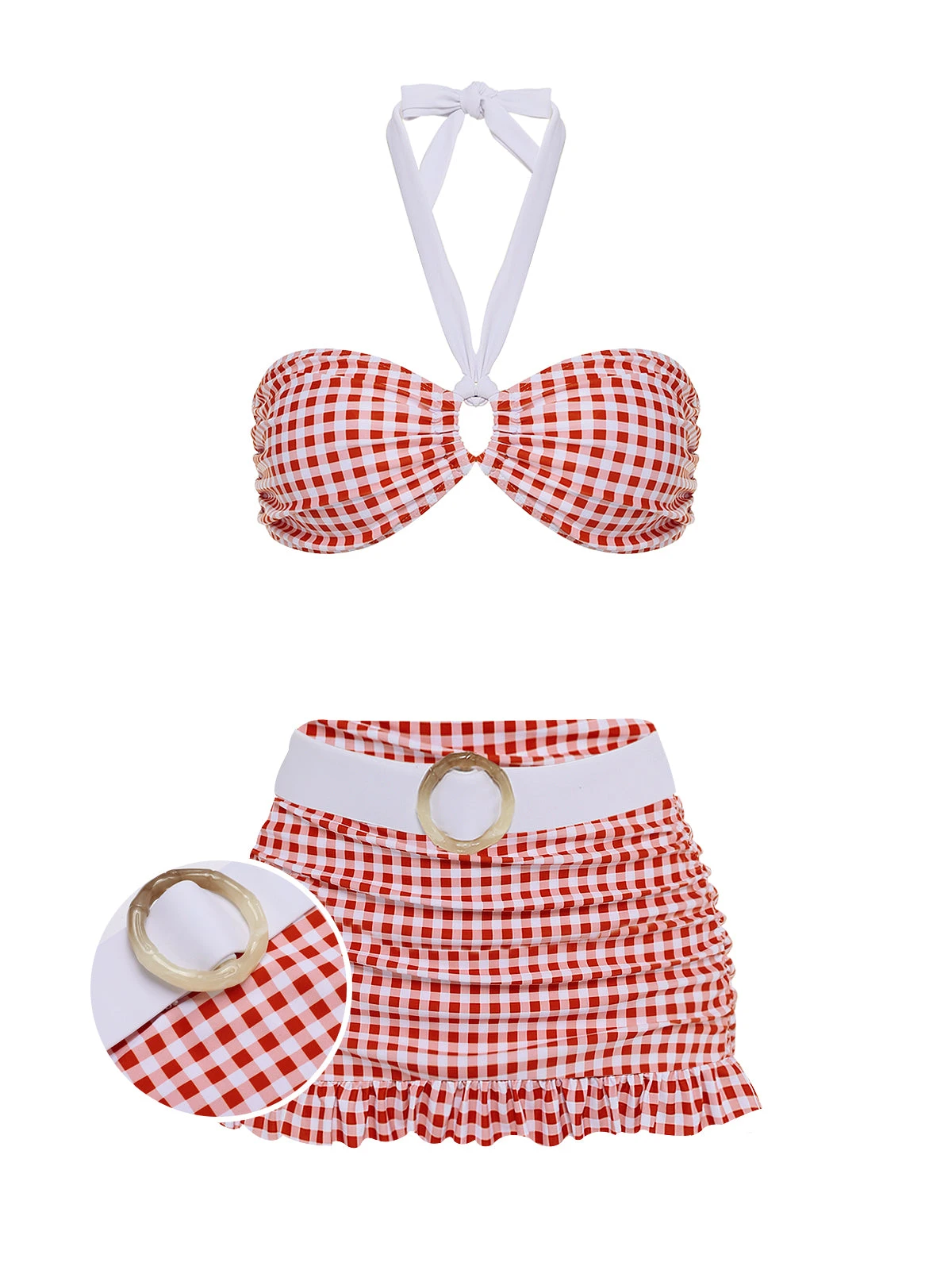 Retro Red 1940s Plaid Halter Bikini Set 3 Retro Red 1940s Plaid Halter Bikini Set