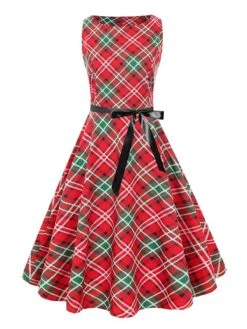 Red 1950s Christmas Plaid Sleeveless Dress