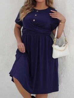 [Plus Size] Deep Blue 1950s Solid Front Cross Dress -Retro Pulse Shop 04 04714b53 9a16 4258 8e89 f8dbed7aed30