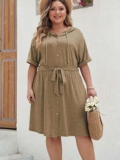 [Plus Size] Khaki 1950s Solid Hooded Belt Dress -Retro Pulse Shop 06