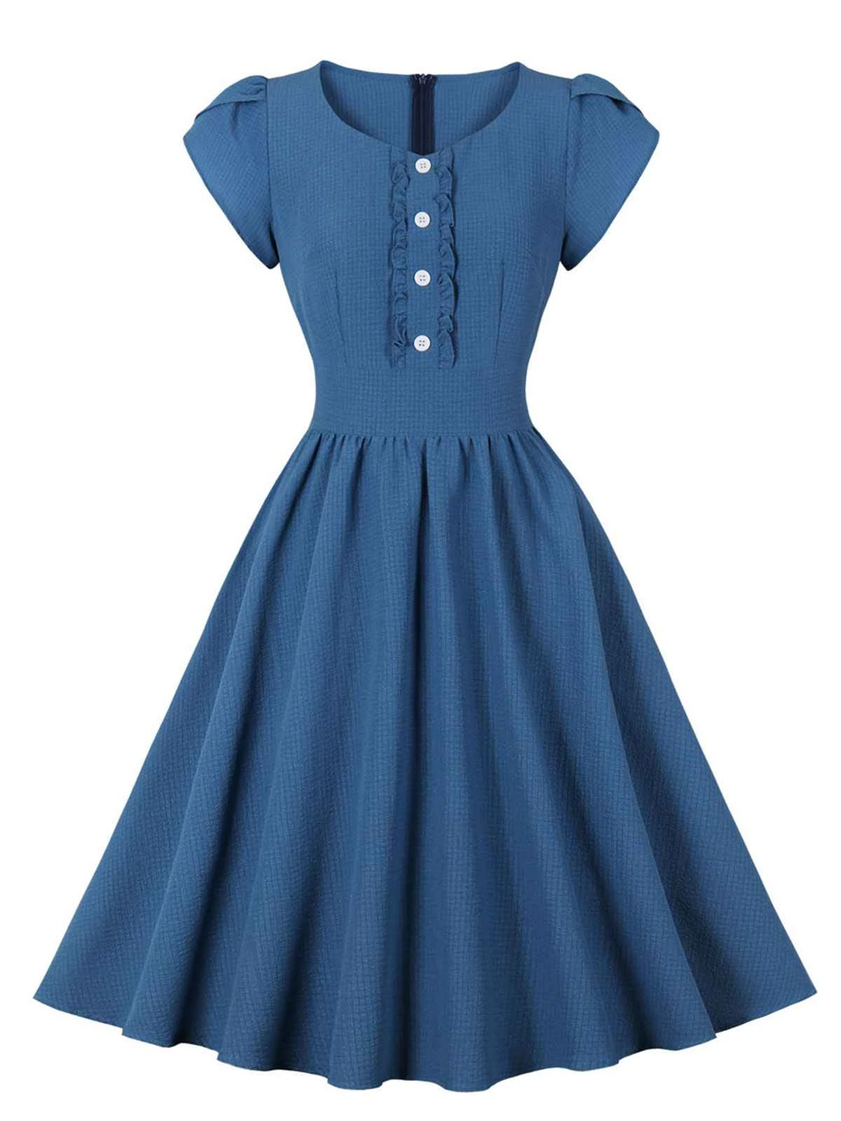 1950s Short Sleeve Ruffles Buttoned Solid Dress 4 1950s Short Sleeve Ruffles Buttoned Solid Dress - Image 2