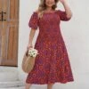 [Plus Size] Red 1940s Off-Shoulder Printed Dress