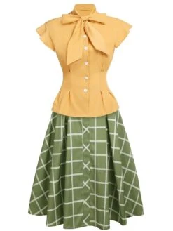 2PCS 1950s Bow Plaid Blouse & Skirt -Retro Pulse Shop 13 26f67915 3d55 43af 8bfc 379d84484e9c