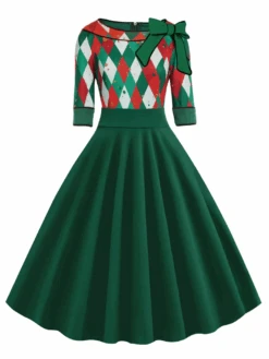 Red 1950s Christmas Plaids Bow Decor Dress -Retro Pulse Shop 16990152449527