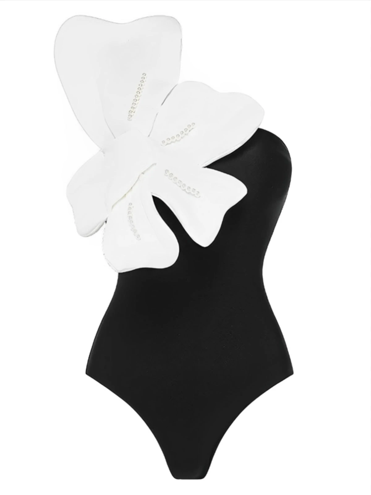 Black 1930s 3D Pearl Floral One-Piece Swimsuit 3 Black 1930s 3D Pearl Floral One-Piece Swimsuit