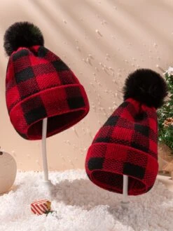 Red & Black Plaid Hairball Knitted Child Hat -Retro Pulse Shop 19349904768 1330256901 3ee1d8f2 08e1 4f25 be92 2c689beea848