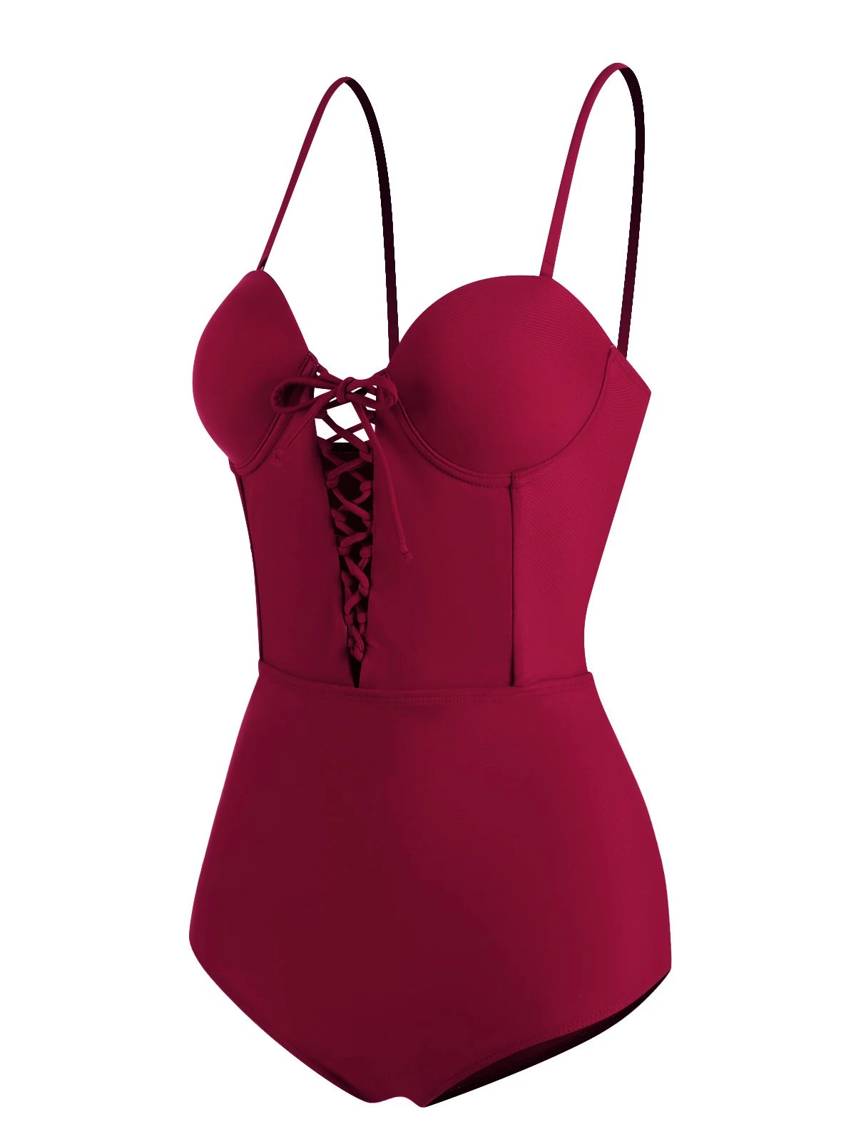 Wine Red 1960s Solid Spaghetti Strap One-piece Swimsuit 4 Wine Red 1960s Solid Spaghetti Strap One-piece Swimsuit - Image 2