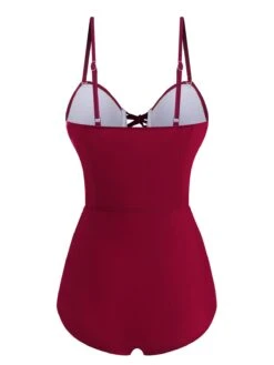 Wine Red 1960s Solid Spaghetti Strap One-piece Swimsuit 10 Wine Red 1960s Solid Spaghetti Strap One-piece Swimsuit -Retro Pulse Shop 1J2A0769