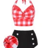 Red 1950s Plaid Halter Bikini Set -Retro Pulse Shop 1J2A2541 0
