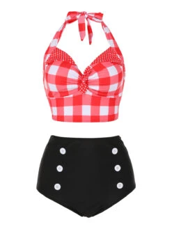 Red 1950s Plaid Halter Bikini Set -Retro Pulse Shop 1J2A2541
