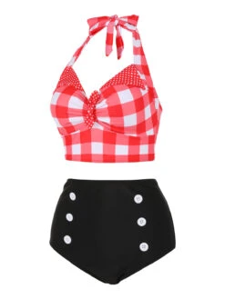 Red 1950s Plaid Halter Bikini Set -Retro Pulse Shop 1J2A2545