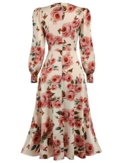1940s Rose V-Neck Long Sleeves Dress -Retro Pulse Shop 1J2A5960