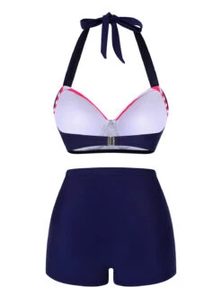 Pink & Blue 1950s Striped Halter Swimsuit -Retro Pulse Shop 1J2A9917 3