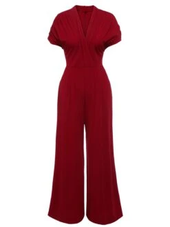 Wine Red 1930s V-neck Solid Wrap Jumpsuit -Retro Pulse Shop 1 4f4285ce af22 420b b459 83e830f60557