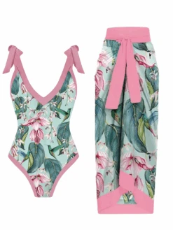 1950s V-Neck Flowers Lacing Swimsuit & Cover Up -Retro Pulse Shop 227