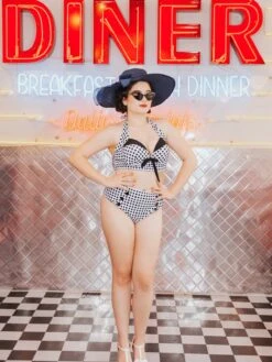 Black Checked Halter Bowknot Bikini Set