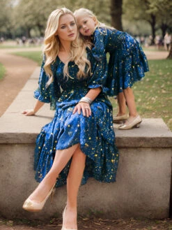 Blue 1950s Christmas Starry Sky Cake Lantern Parent-Child Dress -Retro Pulse Shop 4687651 1 2 4k