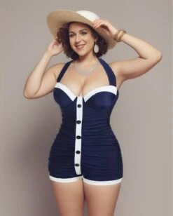 [Plus Size] Navy Blue 1950s Pleated Halter Swimsuit -Retro Pulse Shop 4 66530480 3889 4c1d a6c7 88b198a32558
