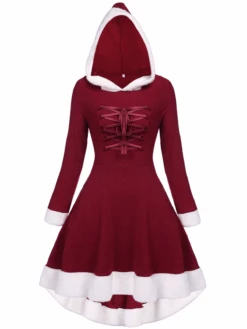 1950s Furry Patchwork Solid Lace-up Dress