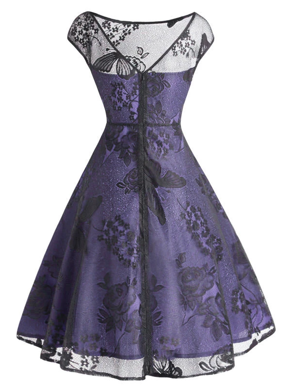 Purple 1950s Mesh Floral Swing Dress 4 Purple 1950s Mesh Floral Swing Dress - Image 2