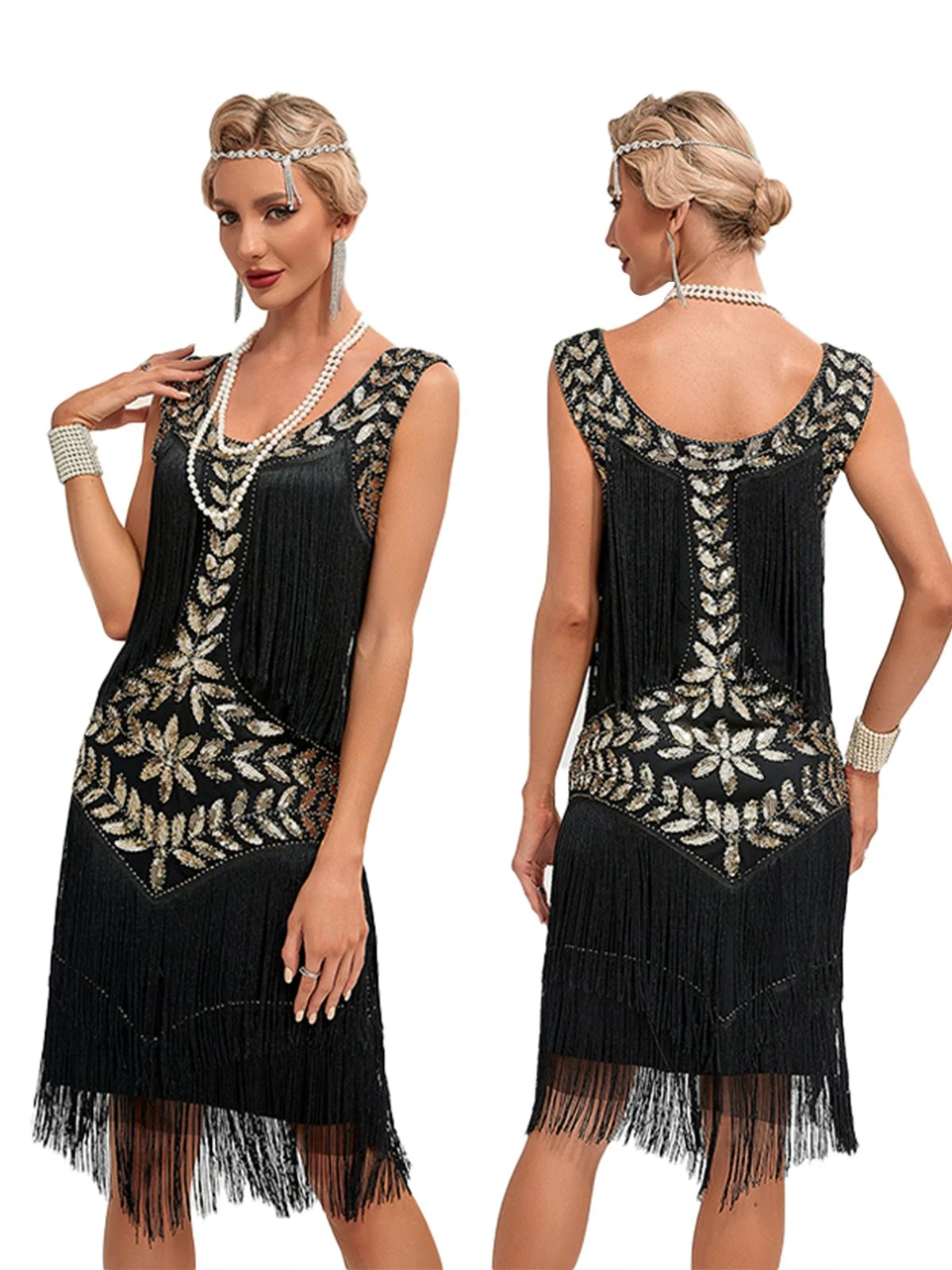 1920s V-Neck Sequined Mesh Mermaid Dress 4 1920s V-Neck Sequined Mesh Mermaid Dress - Image 2