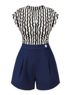 2PCS 1950s Black Curves Blouse & Navy Blue Shorts -Retro Pulse Shop CBH180648 2