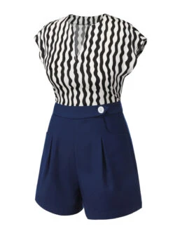 2PCS 1950s Black Curves Blouse & Navy Blue Shorts -Retro Pulse Shop CBH180648 4