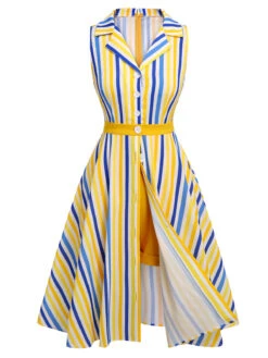 2PCS 1950s Yellow White Blue Striped Romper & Skirt -Retro Pulse Shop CBH180852 3
