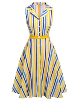 2PCS 1950s Yellow White Blue Striped Romper & Skirt -Retro Pulse Shop CBH180852 4