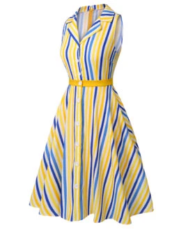 2PCS 1950s Yellow White Blue Striped Romper & Skirt -Retro Pulse Shop CBH180852 5