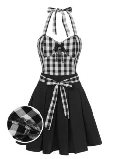 [Pre-Sale] 2PCS Black 1950s Plaid Halter Top & Umbrella Skirt