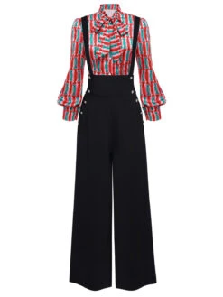 2PCS 1950s Candy Tie-Up Blouse & Black Suspender Pants