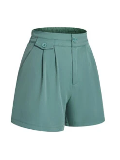 Mint Green 1950s Solid Pleating Decorative Pocket Shorts -Retro Pulse Shop D69A4272