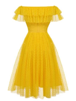Yellow 1950s Dots Off-Shoulder Mesh Swing Dress -Retro Pulse Shop SCH000554 3