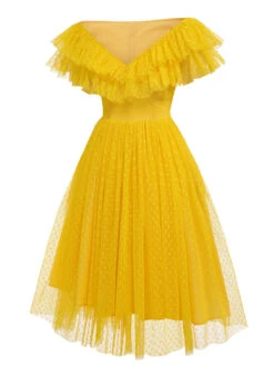 Yellow 1950s Dots Off-Shoulder Mesh Swing Dress -Retro Pulse Shop SCH000554 4