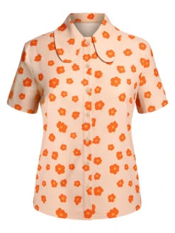 Orange 1960s Floral Short Sleeves Shirt -Retro Pulse Shop SCH000587 7