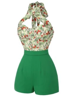 Green 1950s Strawberry Halter Romper -Retro Pulse Shop SCH000634 2 compressed