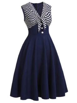 Navy Blue 1950s Striped Patchwork Dress -Retro Pulse Shop SCH000659 2