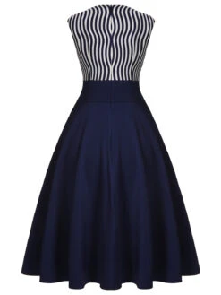 Navy Blue 1950s Striped Patchwork Dress -Retro Pulse Shop SCH000659 3