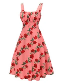 High Waist Suspenders Rose Dress -Retro Pulse Shop SCH000666 2