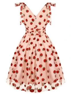 Pink 1950s Strawberry Mesh Swing Dress -Retro Pulse Shop SCH000702 2