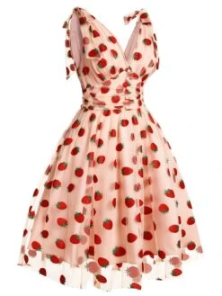 Pink 1950s Strawberry Mesh Swing Dress -Retro Pulse Shop SCH000702 3