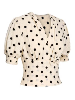 Beige 1940s Dots Bowknot V-Neck Blouse -Retro Pulse Shop SCH000710 2