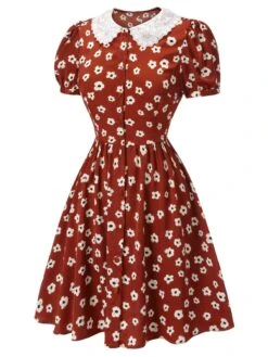 Red 1960s Floral Puff Sleeve Flared Dress -Retro Pulse Shop SCH000715 2 compressed