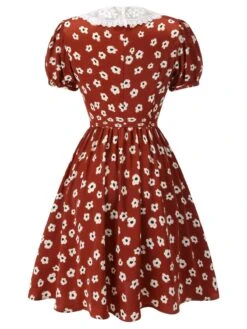 Red 1960s Floral Puff Sleeve Flared Dress -Retro Pulse Shop SCH000715 3 compressed