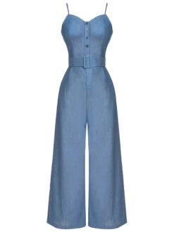 [Pre-Sale] Blue 1930s Cowboy Solid Strap Jumpsuit