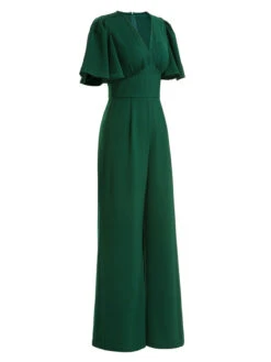 Green 1930s Solid V-Neck Jumpsuit -Retro Pulse Shop SCH000785 2