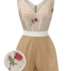 Khaki 1950s Embroidered Rose V-Neck Romper 1 Khaki 1950s Embroidered Rose V-Neck Romper -Retro Pulse Shop SCH000800 01