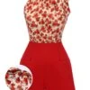 Deep Red 1950s Rose Lace Up Patchwork Romper -Retro Pulse Shop SCH000823 01