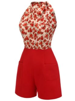 Deep Red 1950s Rose Lace Up Patchwork Romper -Retro Pulse Shop SCH000823 2
